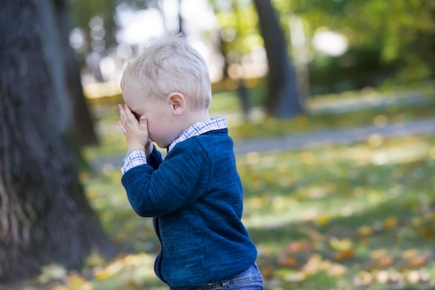 Little boy crying in autumn park