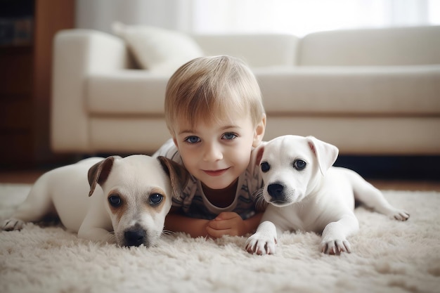 Little boy cute puppy Animal floor love Generate Ai