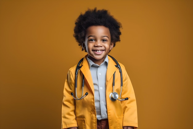 A little boy in a doctor's coat with a stethoscope on his chest stands against a yellow background.