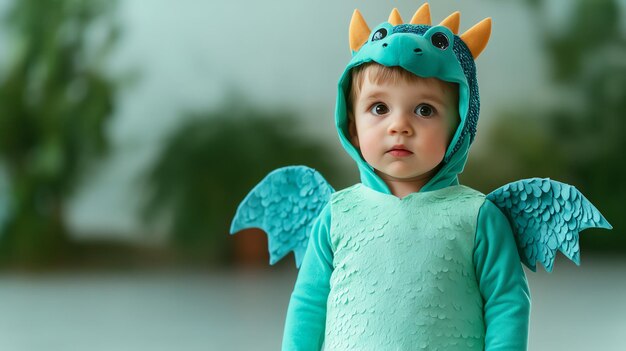 Photo little boy dressed as a dragon with wings and scales