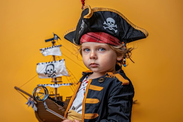 Photo little boy dressed as pirate with spyglass and cardboard ship on yellow background