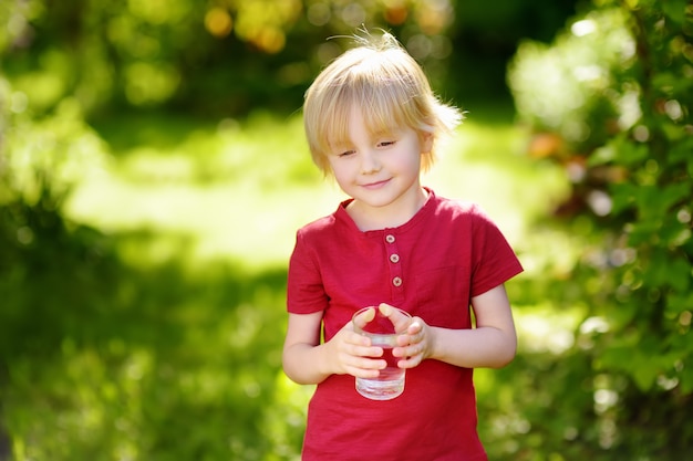 Little boy drinking glass of water in hot sunny summer day on the backyard or home garden