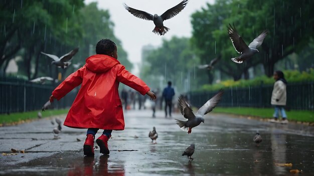 Little boy enjoy in raincoat with pigeons on a rainy day