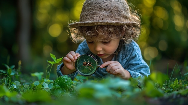 Little Boy Exploring Nature with Magnifying Glass