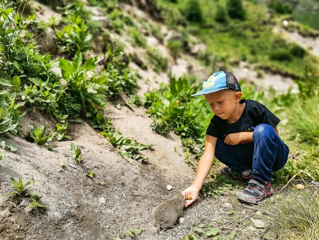 A little boy feeds gophers in the JilySu gorge KabardinoBalkaria Russia June 2021