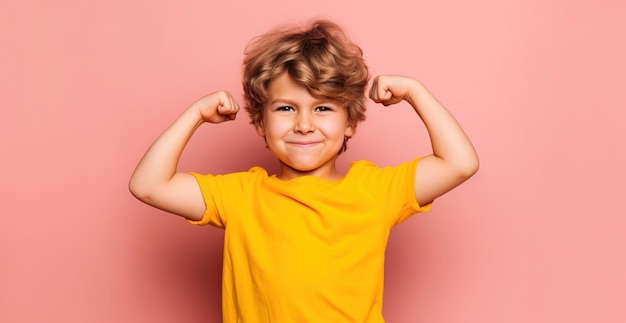 A little boy flexes his muscles.