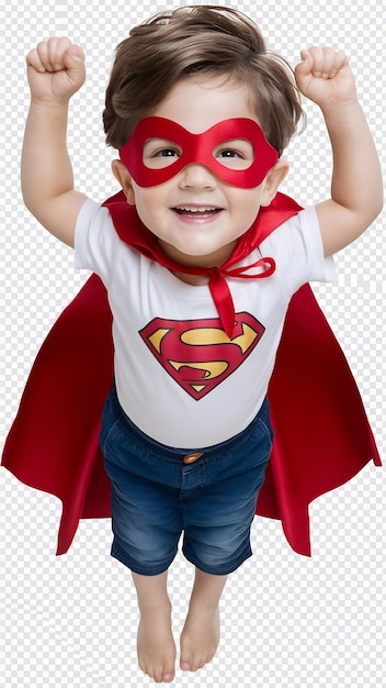 Little boy flying with superhero red cape and mask isolate on transparency background PNG