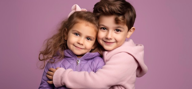 Photo little boy and girl on a purple background the concept of children's friendship