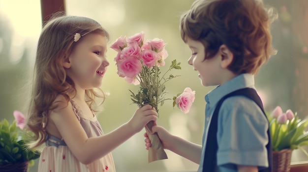 Little boy gives little girl bouquet of pink flower