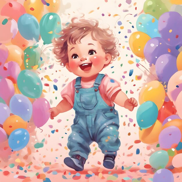 Little boy happily walks with balloons