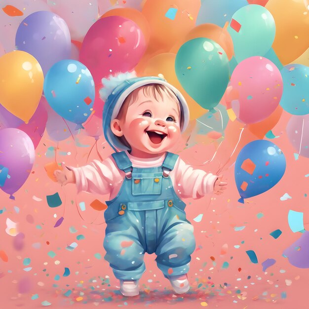 Little boy happily walks with balloons