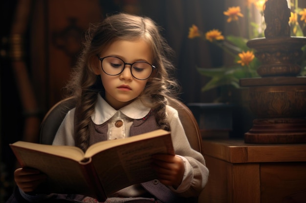 Little boy has glasses and is reading a book in the style of vintage academia