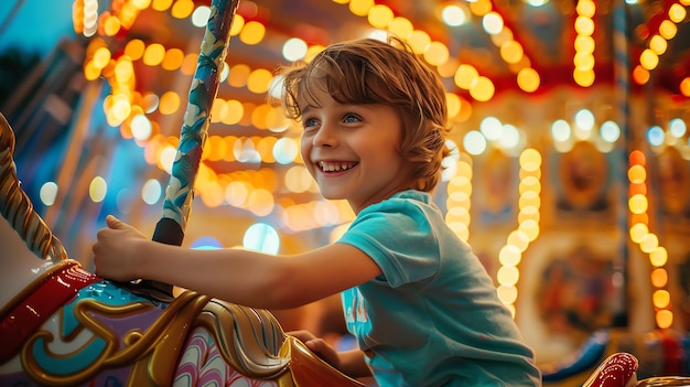 Little boy having fun at the amusement park The boy is riding a carousel horse and smiling