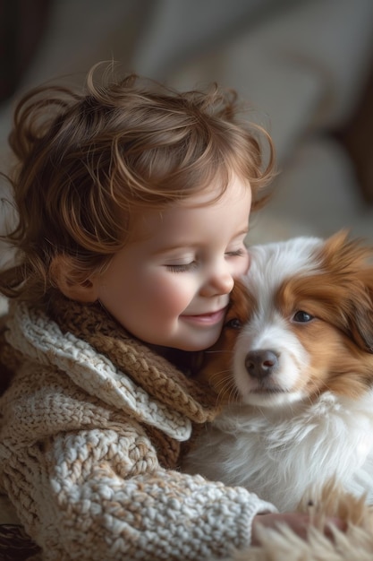 Little boy and her puppy Cute puppy and baby