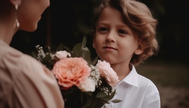 Little boy holding flowers hugging his mother and celebrating mother's day Generative AI