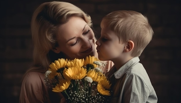 Little boy holding flowers hugging his mother and celebrating mother's day Generative AI