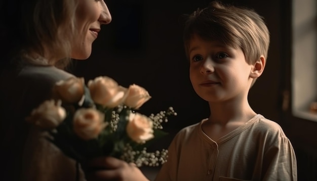 Little boy holding flowers hugging his mother and celebrating mother's day Generative AI