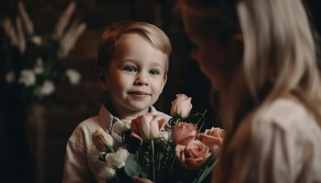 Little boy holding flowers hugging his mother and celebrating mother's day Generative AI