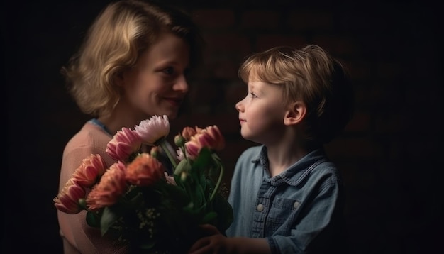 Little boy holding flowers hugging his mother and celebrating mother's day Generative AI