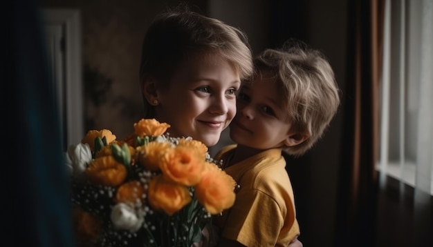 Little boy holding flowers hugging his mother and celebrating mother's day Generative AI