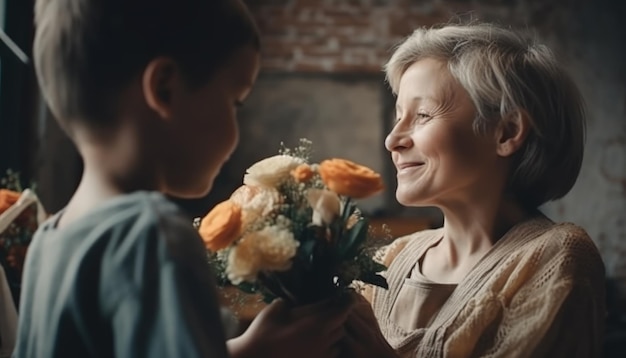 Little boy holding flowers hugging his mother and celebrating mother's day Generative AI