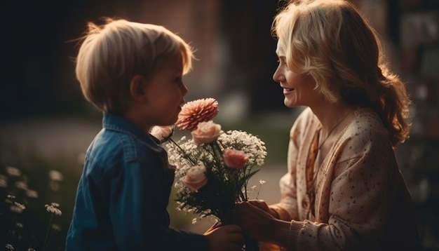 Little boy holding flowers hugging his mother and celebrating mother's day Generative AI