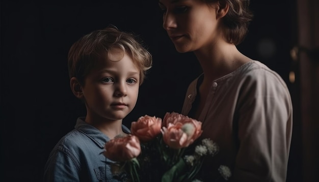 Little boy holding flowers hugging his mother and celebrating mother's day Generative AI