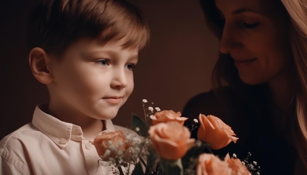 Little boy holding flowers hugging his mother and celebrating mother's day Generative AI