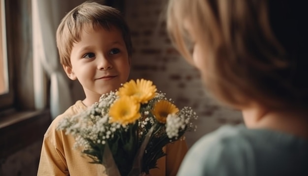 Little boy holding flowers hugging his mother and celebrating mother's day Generative AI