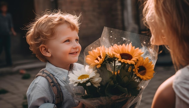 Little boy holding flowers hugging his mother and celebrating mother's day Generative AI