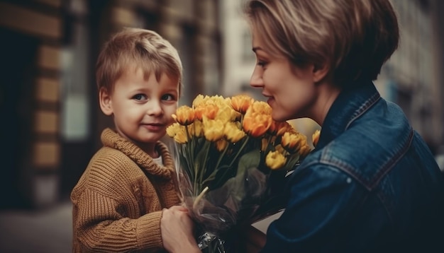 Little boy holding flowers hugging his mother and celebrating mother's day Generative AI