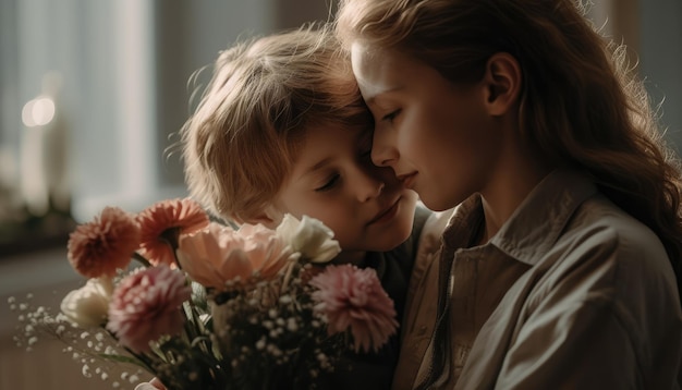 Little boy holding flowers hugging his mother and celebrating mother's day Generative AI