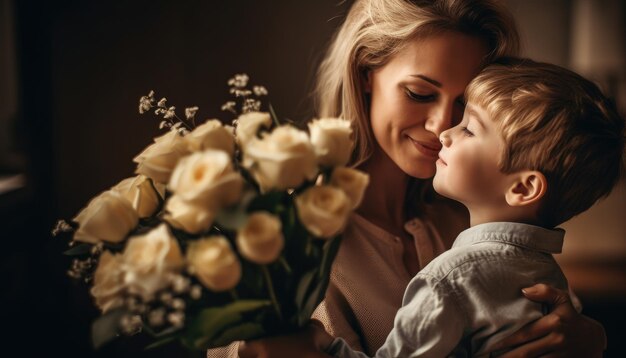 Little boy holding flowers hugging his mother and celebrating mother's day Generative AI