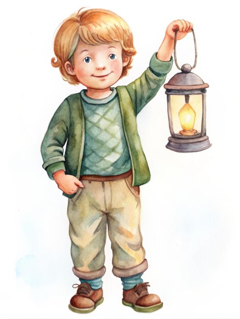 Photo little boy holding a lantern watercolor illustration a young boy with blonde hair wearing a