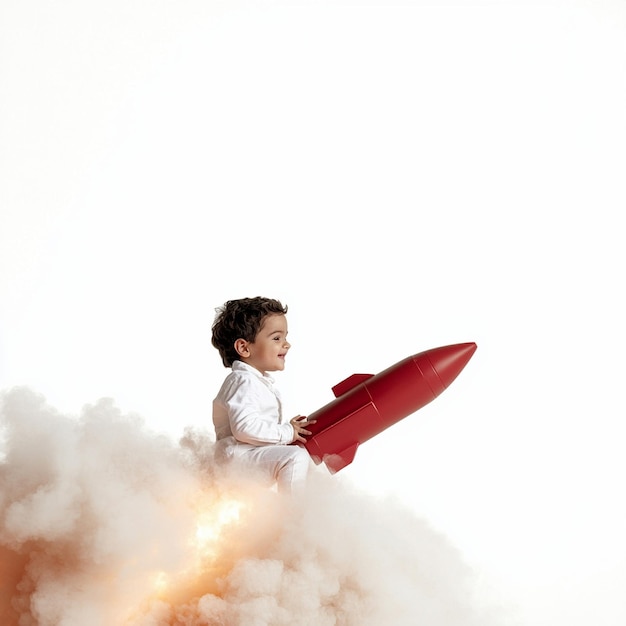 a little boy holding a red rocket with a rocket in the sky