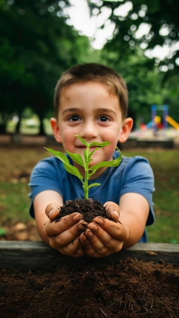 Little boy holding soil and plant in the park