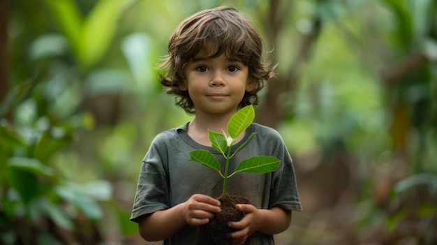 Little boy holding a young plant in his hands in a close up on a blurred forest background