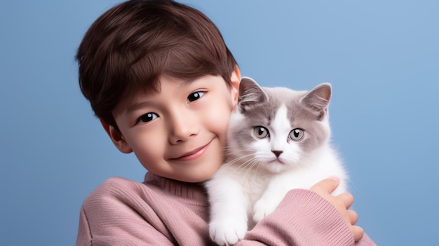 Little boy holds a kitten in his arms on blue background