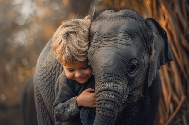 Photo little boy hugging baby elephant in wilderness sanctuary