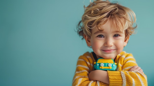 Little boy hugging car toy on pastel blue background