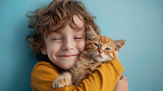 Little boy hugging your lcat on pastel blue background