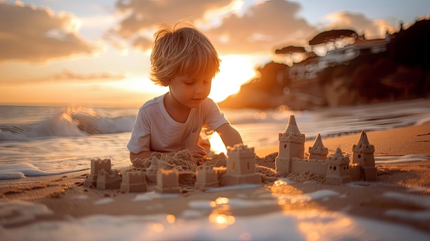 A little boy is building a sand castle on the beach