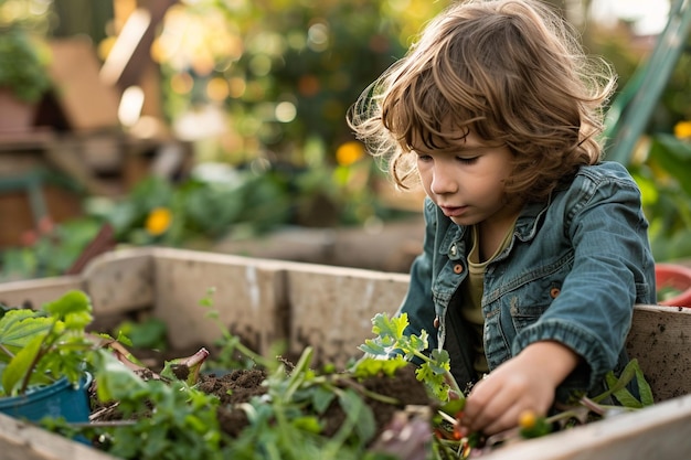 Photo a little boy is digging in a garden with a plant in it