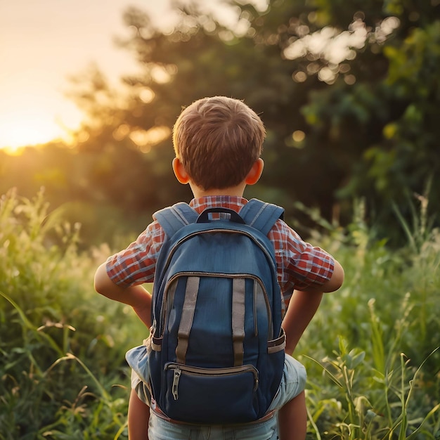 Little boy is dissapointed by necessity to go to school Unmotivated schoolboy green park