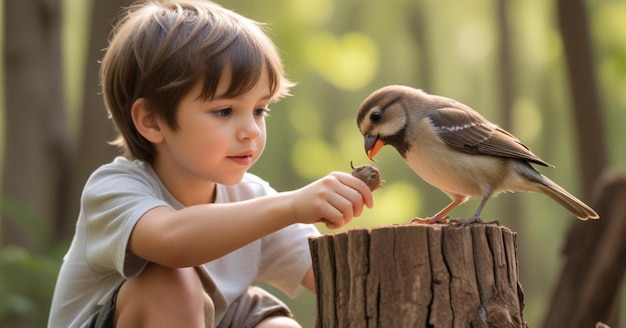 Photo a little boy is feeding a bird on a tree stump