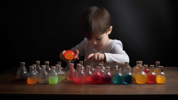 A little boy is playing with colored liquids in a glass beaker.