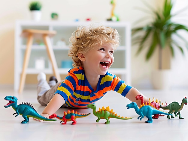 Photo a little boy is playing with dinosaurs and a toy