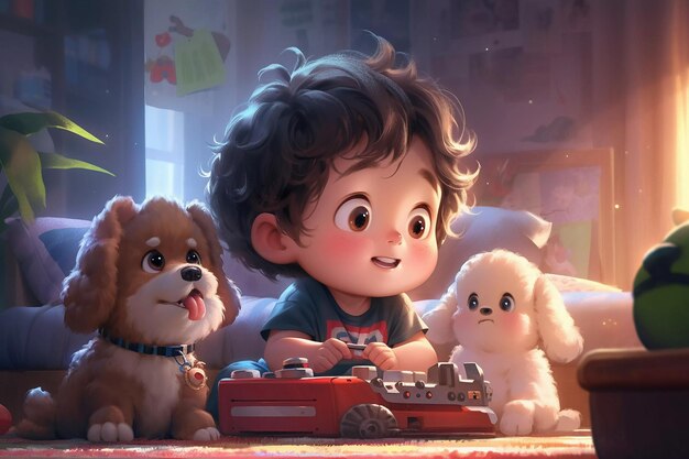 little boy is playing with his puppy in living room happy cute little kid plays with dog