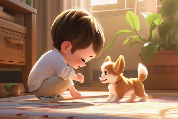 little boy is playing with his puppy in living room happy cute little kid plays with dog