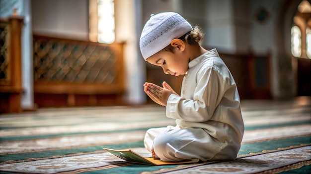 a little boy is praying on a rug in a mosque